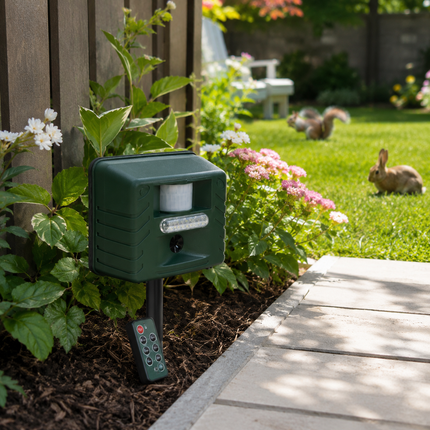 Solar Ultrasonic Animal Repeller, Motion Activated PIR Sensor, 70 ft Range, 170 Degree Garden Deterrent