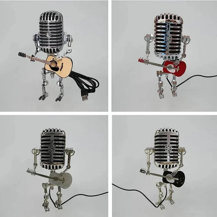 Vintage Metal Microphone Robot Lamp with Guitar, Adjustable Retro Desk Light for Music Room, Studio and Bedroom Decor