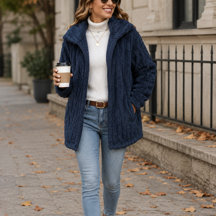 Women's Long Fleece Cardigan, Soft Warm Open Front Cardigan Coat with Stand Collar and Pockets for Winter
