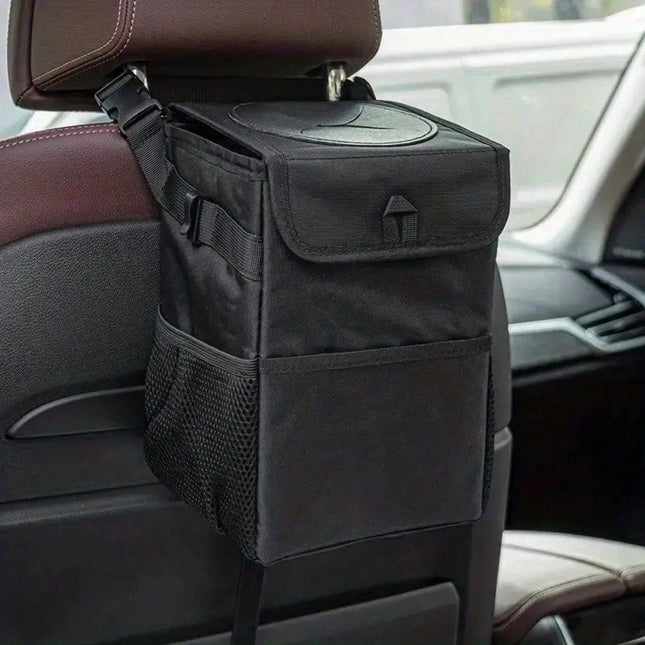 Car Trash Can with Lid, Hanging Waterproof Car Garbage Bin with Storage Pockets