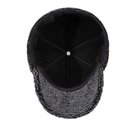 Wool Baseball Cap with Fleece Earflaps, Winter Cap with Foldable Ear and Neck Flaps and Snap Buttons