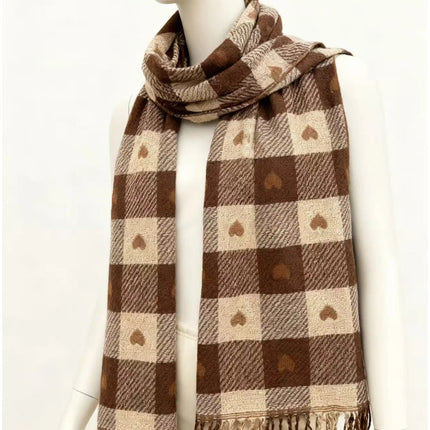 Winter Shawl, Checkered Winter Scarf with Heart Pattern – image 4
