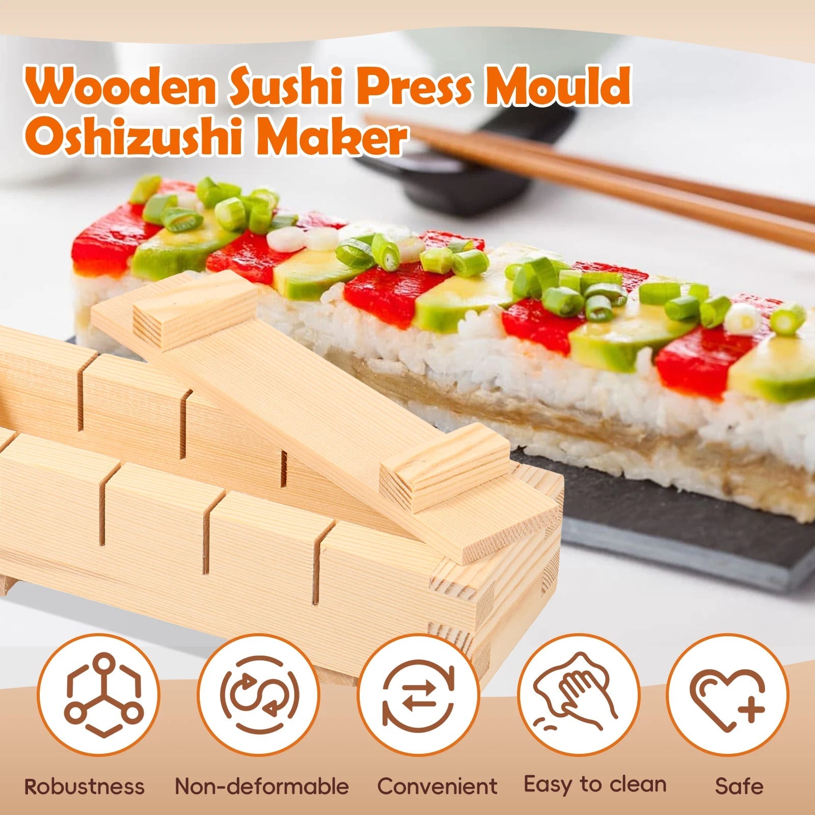 Tuzwa Wooden Sushi Maker Press – Traditional Sushi Mold for Homemade Rolls & Pressed Sushi, 21cm Kitchen Tool
