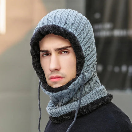 Winter Knit Hat Balaclava with Attached Scarf, Fleece Lined Neck and Ear Warmer for Men and Women