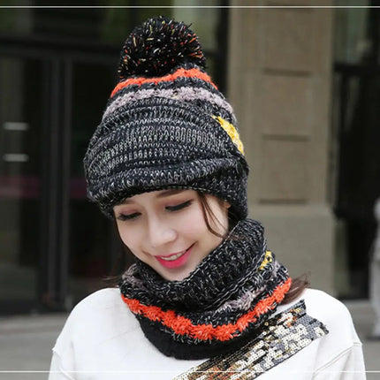 Knitted Hat Scarf Set with Velvet Lining, Pom Pom Beanie with Detachable Face Guard