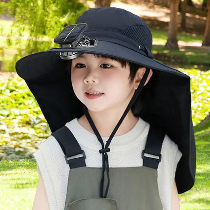 Kids Cooling Hat, Solar Fan Hat with USB Rechargeable Fan, Wide Brim Sun Hat UPF 50+ for Summer Outdoor