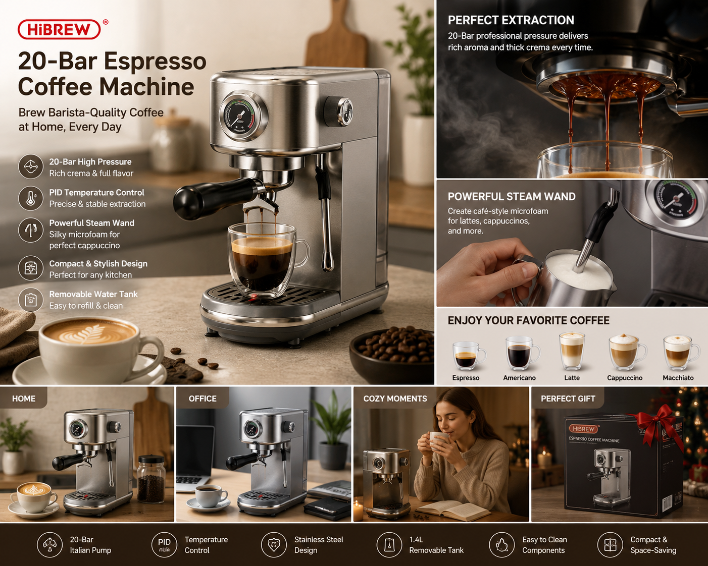 Tuzwa Espresso Coffee Machine | 20-Bar Semi-Automatic Espresso Machine with Temperature Control for Cappuccino, Latte & Espresso