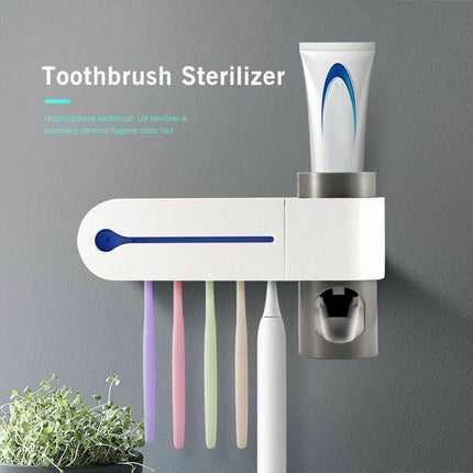UV Light Toothbrush Sterilizer and Toothpaste Dispenser, Wall Mounted Bathroom Holder for 5 Toothbrushes with Automatic Sensor, Gray and White