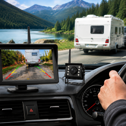 Wireless reverse camera for car, truck and caravan, 4.3 inch backup monitor with 170 degree lens and IP68