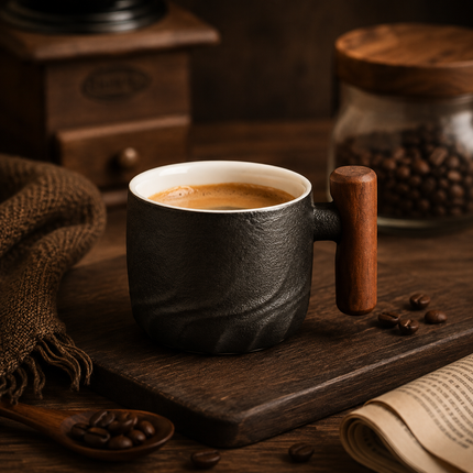Vintage Espresso Cups with Wooden Handle, 80ml Durable Ceramic Coffee Cups in Black, Blue and Green for Home and Cafe Use