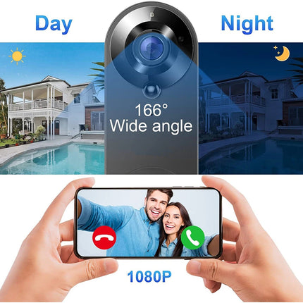 Wireless WiFi video doorbell camera, 1080p HD with 166 degree lens, two way talk, PIR motion alerts and chime