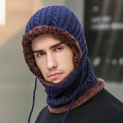 Winter Knit Hat Balaclava with Attached Scarf, Fleece Lined Neck and Ear Warmer for Men and Women