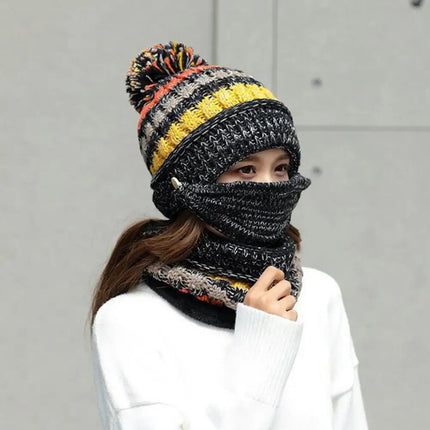Knitted Hat Scarf Set with Velvet Lining, Warm Beanie Scarf Set