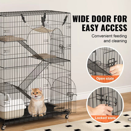 Indoor Cat Cage Enclosure, 4 Tier Metal Cat Kennel on Wheels for 1 to 3 Cats