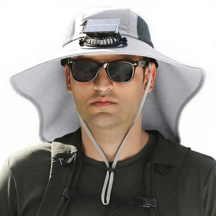Wide Brim Hat with Fan, Solar Fan Hat and Sun Protection Hat, Battery Powered Cooling Cap with Neck Shawl