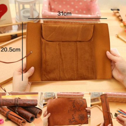 Vintage Leather Pencil Case, Roll Up Treasure Map Stationery Pouch for School and Office, PU Leather Pen Organizer Bag