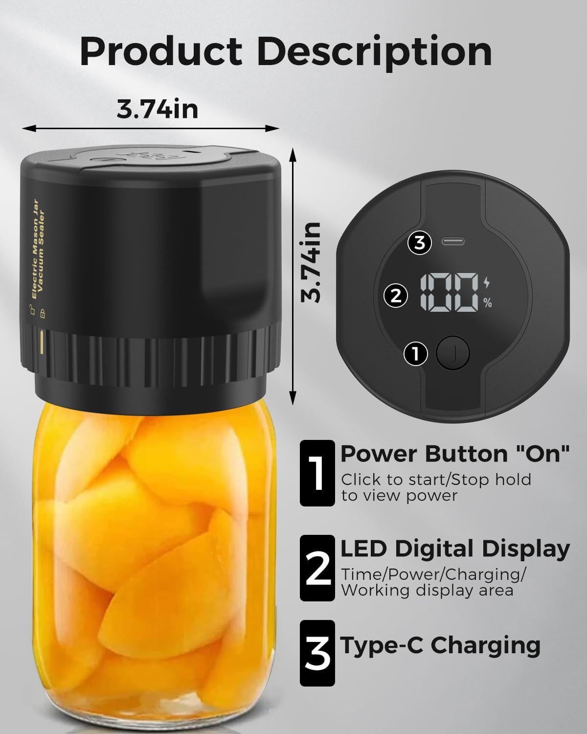 Tuzwa Jar Vacuum Sealer – Compact Electric Vacuum Sealer for Jar Openings up to 3.4", 5W Low-Noise Food Storage Pump