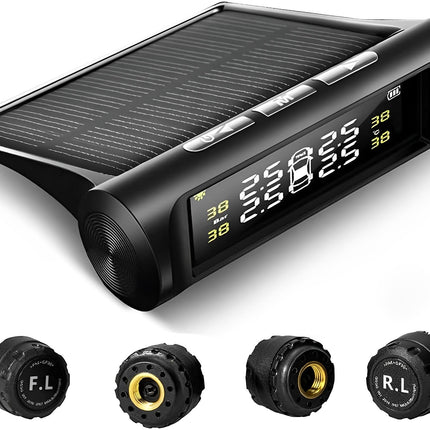TPMS Sensor Kit, Solar Tire Pressure Monitoring System with 4 Wireless External Tire Pressure Sensors and LCD Display