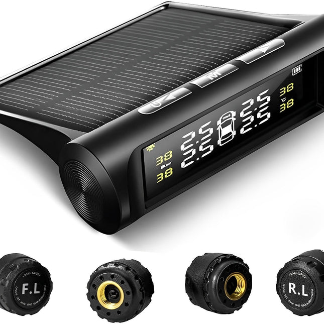 TPMS Sensor Kit, Solar Tire Pressure Monitoring System with 4 Wireless External Tire Pressure Sensors and LCD Display