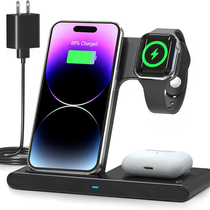 Qi Wireless Charger with Adapter, 3 in 1 Wireless Charging Station for Multiple Devices, Foldable Phone Charging Stand