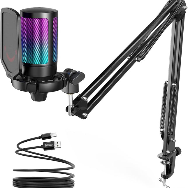 Gaming Microphone for PC, USB Condenser Mic with Boom Arm, Podcast Microphone with Pop Filter and Shock Mount
