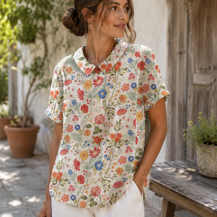 Women's Cotton Linen Shirt, Pastoral Floral Print Casual Blouse, Soft Breathable Rustic Top in Sizes S to 4XL