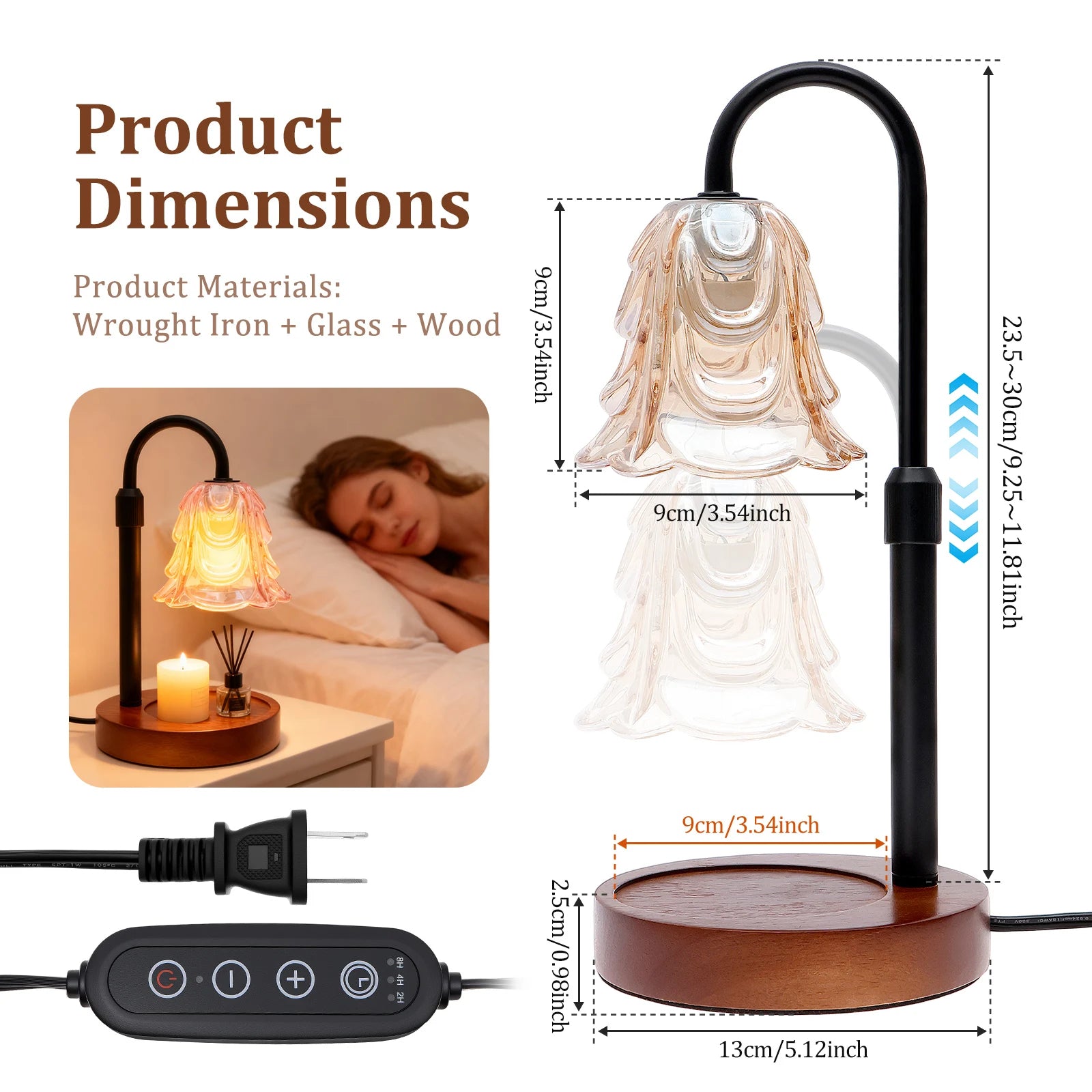 Tuzwa Candle Warmer Lamp – Dimmable Flower Wax Warmer with 2/4/8H Timer, Adjustable Height & Wooden Base for Jar Candles