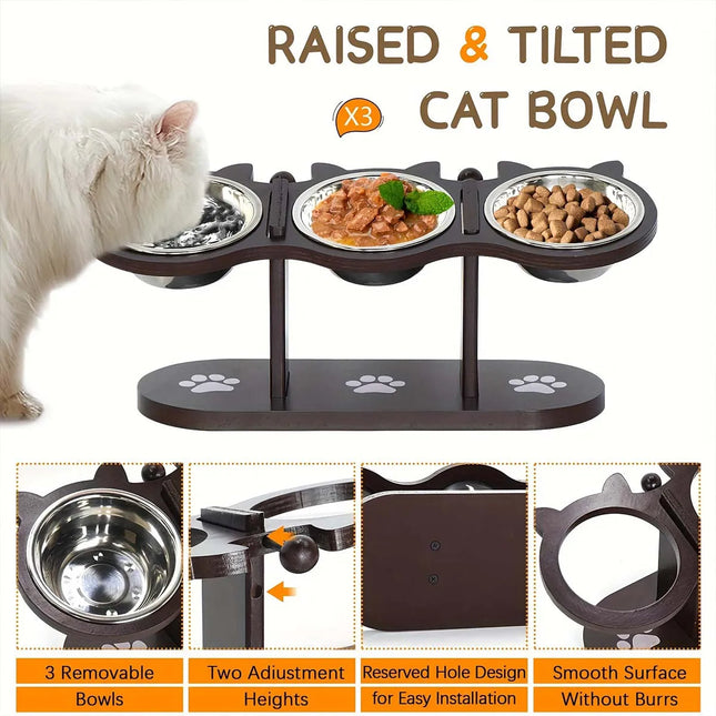 Elevated Cat Bowl with 3 Stainless Steel Dishes, Cat Water Bowl