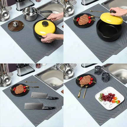 Dish Drying Mat Gray Roll Up, Deep Groove Silicone Dish Drain Mat