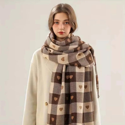 Winter Shawl, Checkered Winter Scarf with Heart Pattern – image 6