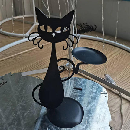 Cat Candle Holder Black Iron, Decorative Candlestick Holder with Tail Handle for Pillar Candles – image 6