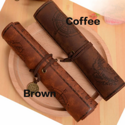 Vintage Leather Pencil Case, Roll Up Treasure Map Stationery Pouch for School and Office, PU Leather Pen Organizer Bag