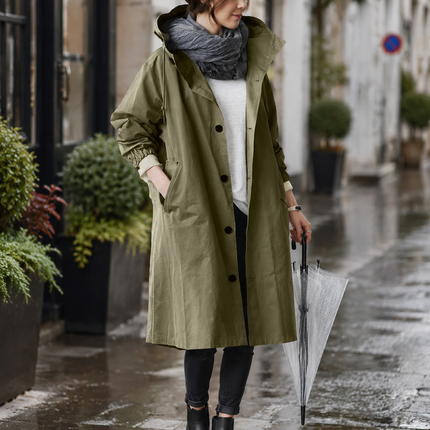 Women's Long Waterproof Raincoat, Breathable Hooded Rain Coat with Adjustable Hood, Belt and Pockets