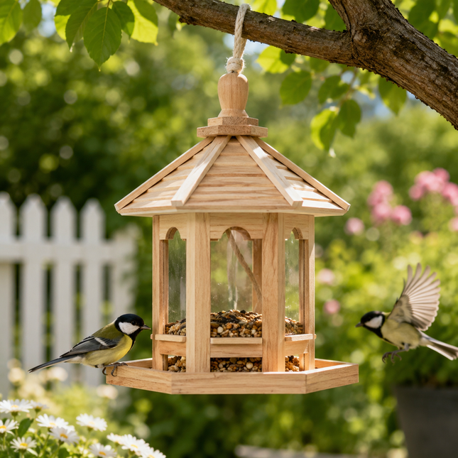 Bird Feeders for Outside, Window Bird Feeder for Large Birds, Wooden Hanging Bird Feeder with Clear Seed Tray