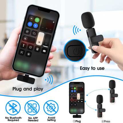 Wireless Microphone 2 Pack, Wireless Lavalier Microphone for Phone and Tablet