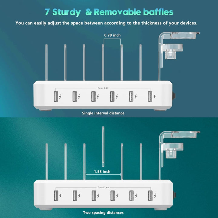 Tuzwa 6-Port USB Charging Station – 60W Multi-Device Charging Dock with 5V/2.4A USB Ports, Adjustable Dividers & Earbud/Watch Holders
