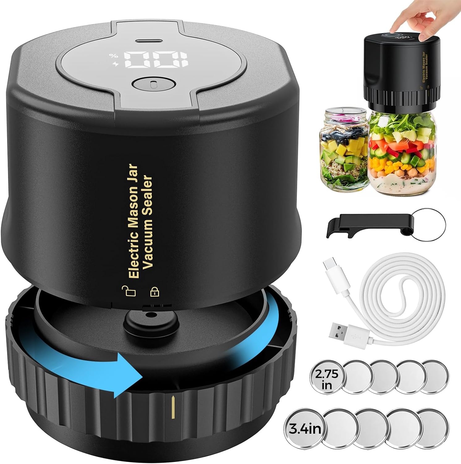 Tuzwa Jar Vacuum Sealer – Compact Electric Vacuum Sealer for Jar Openings up to 3.4", 5W Low-Noise Food Storage Pump