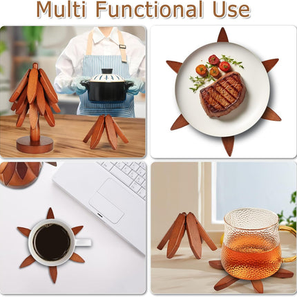 Wooden trivet for hot dishes, foldable tree shaped solid wood trivet mat, expands to 7.8 inches, kitchen