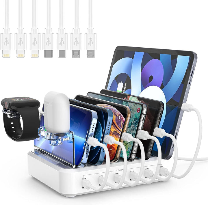 Tuzwa 6-Port USB Charging Station – 60W Multi-Device Charging Dock with 5V/2.4A USB Ports, Adjustable Dividers & Earbud/Watch Holders