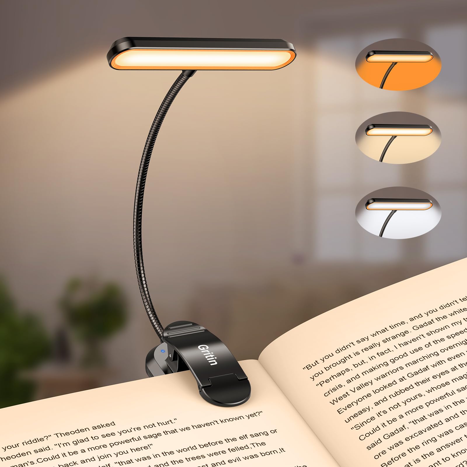 Tuzwa Rechargeable Book Light – USB-C Reading Light with 5 Brightness Levels, 3 Color Temperatures & 1200mAh Battery