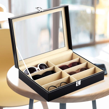 Glasses Display Case, 8 Slot Sunglasses Organizer Case with Locking Glass Lid