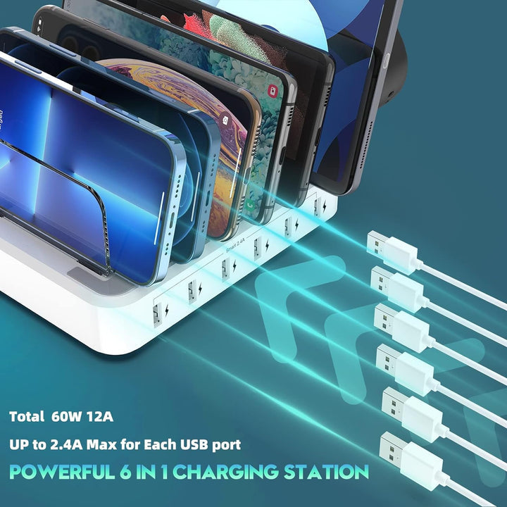 Tuzwa 6-Port USB Charging Station – 60W Multi-Device Charging Dock with 5V/2.4A USB Ports, Adjustable Dividers & Earbud/Watch Holders
