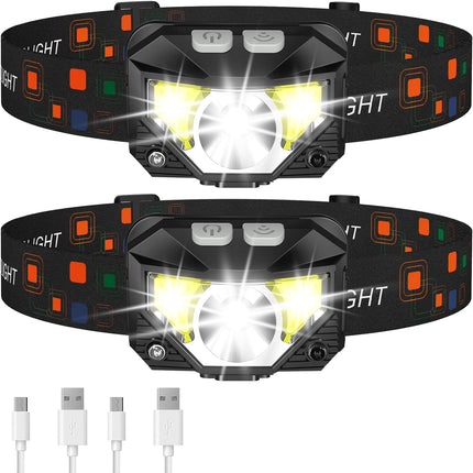 Rechargeable Headlamp Flashlight 2 Pack, LED Headlamp with Red Light and Motion Sensor, Head Lamp for Camping