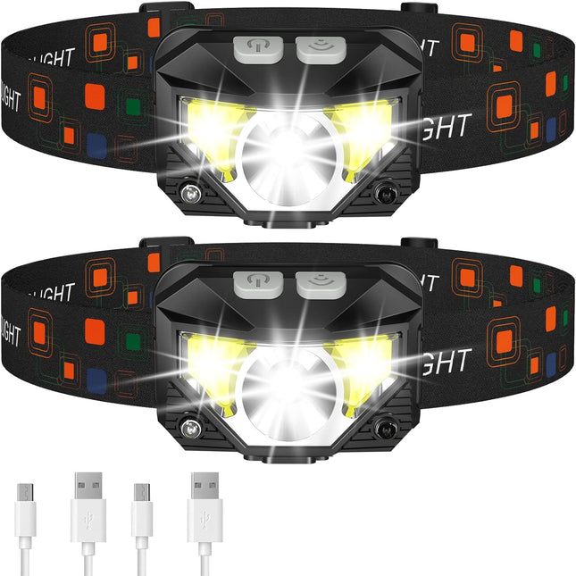 Rechargeable Headlamp Flashlight 2 Pack, LED Headlamp with Red Light and Motion Sensor, Head Lamp for Camping