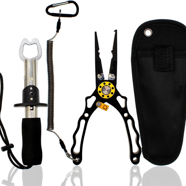 Fishing Pliers with Fish Lip Gripper, Split Ring Pliers with Hook Remover and Fishing Line Cutter, Aluminum Fish Grip