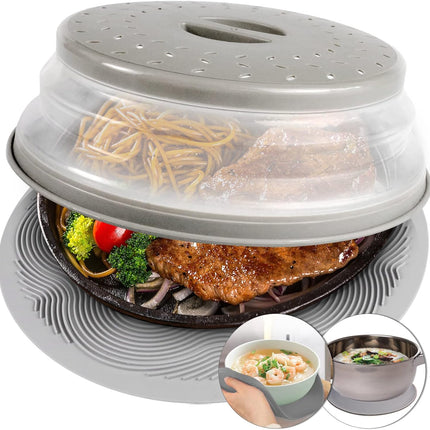 Microwave Food Cover, Collapsible Microwave Splatter Cover with Vents, Silicone Trivet, Dish Drying Mat, Place Mat