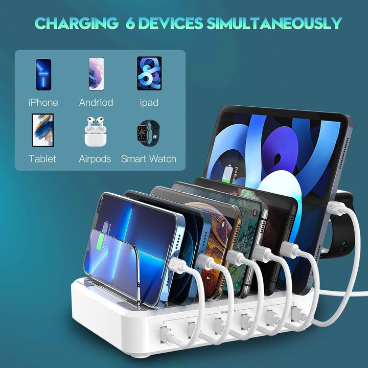 Tuzwa 6-Port USB Charging Station – 60W Multi-Device Charging Dock with 5V/2.4A USB Ports, Adjustable Dividers & Earbud/Watch Holders