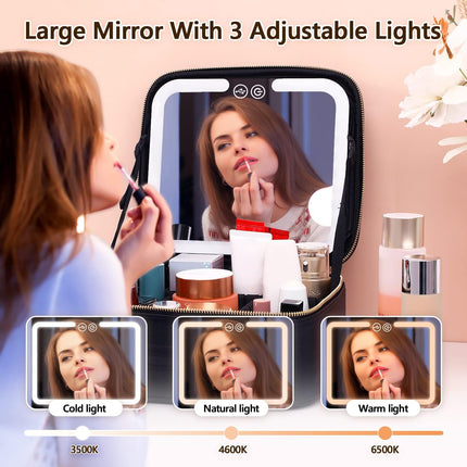 Travel Makeup Bag with Mirror and Lights, Large Makeup Bag with Compartments