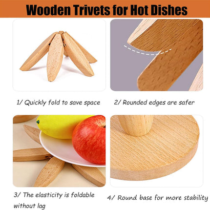 Wooden trivet for hot dishes, foldable tree shaped solid wood trivet mat, expands to 7.8 inches, kitchen