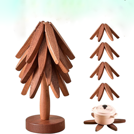 Wooden trivet for hot dishes, foldable tree shaped solid wood trivet mat, expands to 7.8 inches, kitchen